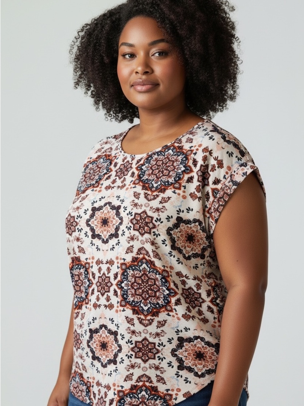 Pink Rose Cream Medallion Cap Sleeve Tee with Navy and Rust Accents, Hi Low